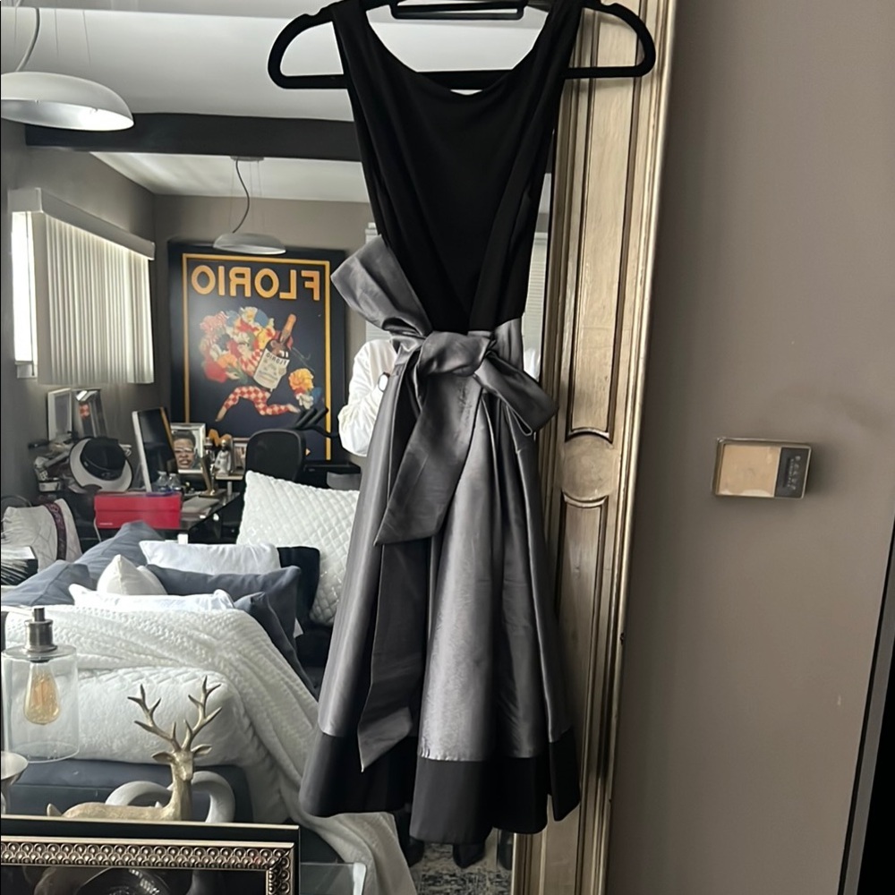 Black and Silver Maxi Fit and Flare Dress with Scoop Neck for Cocktail